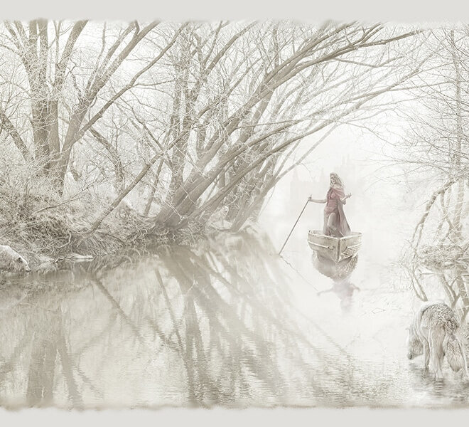 snowy white wolves on a river red riding hood in boat fantasy illustrative fairy tale shirk photography
